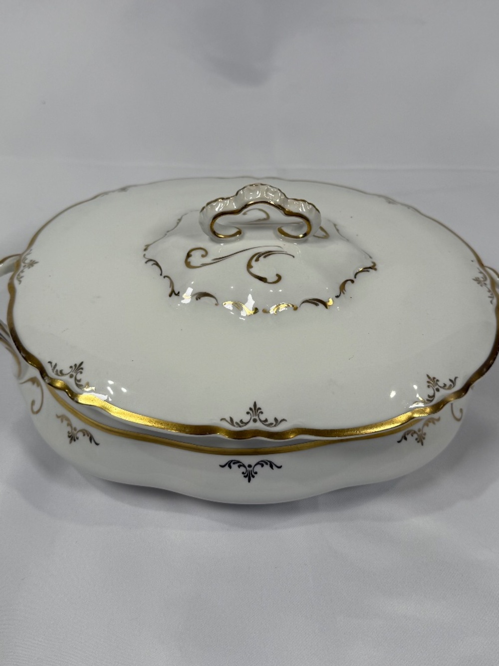 Vintage Pope Gosser Covered Serving Bowl White Gold China- READ